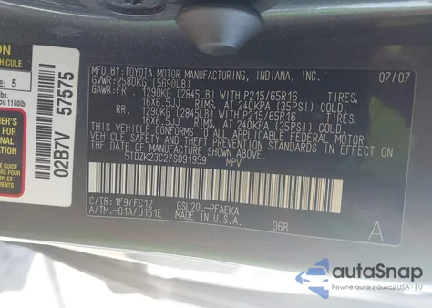 2007 Toyota Sienna Le z USA, uszkodzony, nr VIN 5TDZK23C27S091959